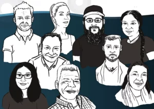 Digital gezeichnetes Firmenporträt aller Mitarbeiter. Gezeichnet von Jennica Thiel