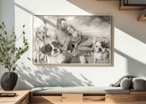 Großes Bleistift-Familienporträt hängt über einem Diwan. Gezeichnet von Jennica Thiel